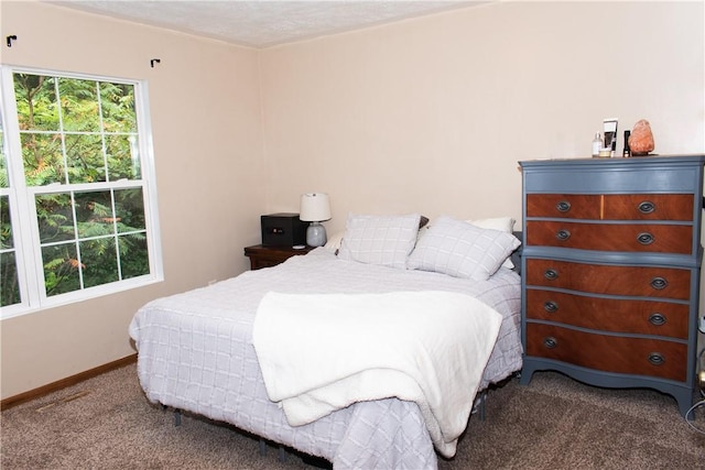 bedroom with dark carpet