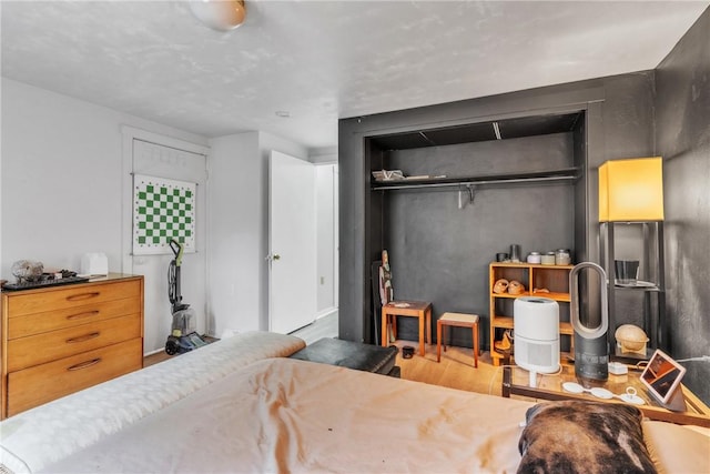 bedroom with light hardwood / wood-style floors and a closet