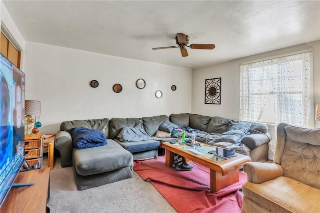 living room featuring ceiling fan and wood-type flooring