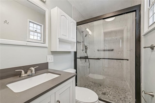 bathroom featuring toilet, vanity, and a stall shower
