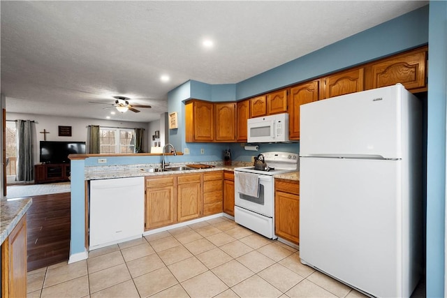 kitchen with sink, white appliances, a healthy amount of sunlight, and ceiling fan