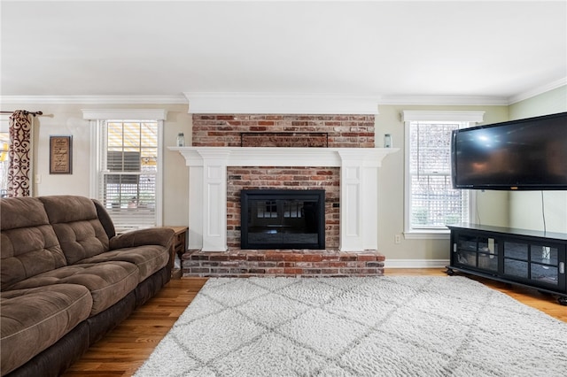 living room featuring ornamental molding, a fireplace, and hardwood / wood-style floors