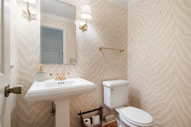 bathroom featuring ornamental molding and toilet