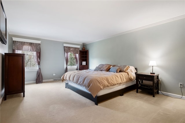 bedroom featuring crown molding and light colored carpet