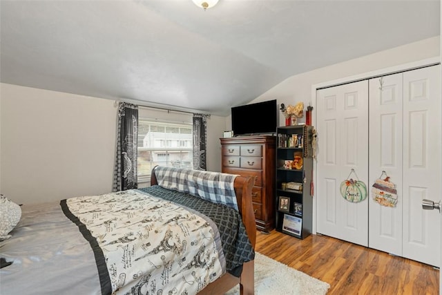 bedroom featuring hardwood / wood-style flooring, vaulted ceiling, and a closet