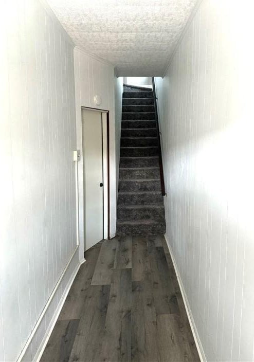 stairs with wood-type flooring and a textured ceiling