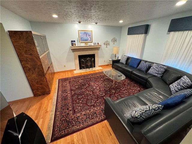 living room featuring hardwood / wood-style floors and a textured ceiling