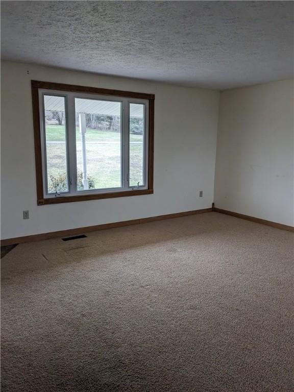 carpeted spare room with a textured ceiling