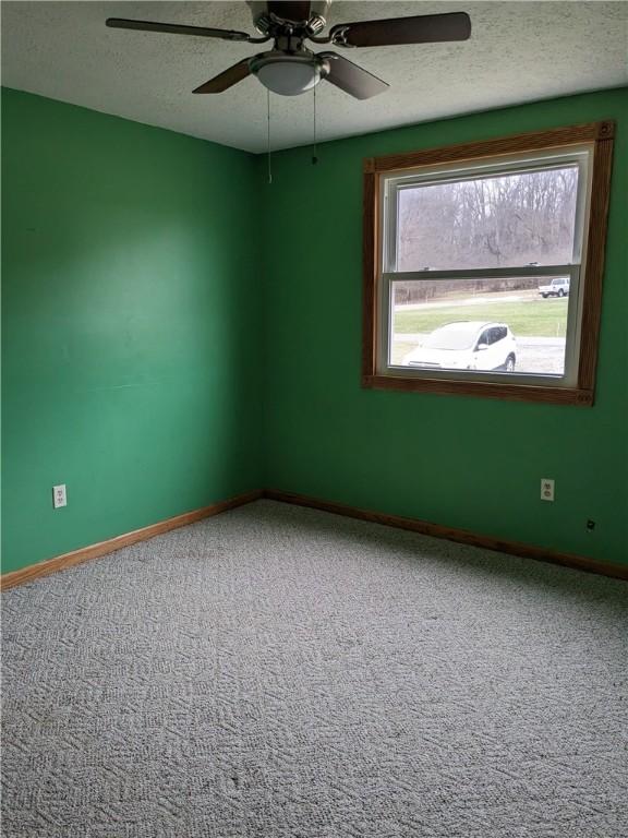 carpeted spare room featuring ceiling fan and a textured ceiling