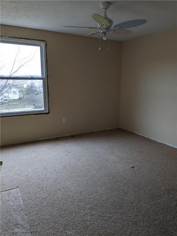 spare room with ceiling fan, carpet floors, and a textured ceiling