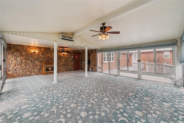 interior space featuring lofted ceiling with beams, carpet flooring, and ceiling fan