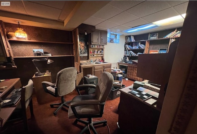 home office featuring a drop ceiling and carpet