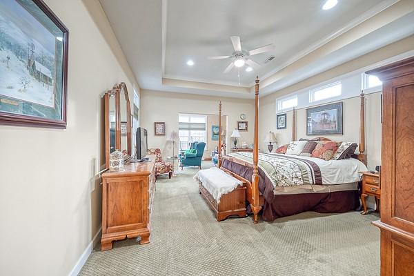 carpeted bedroom featuring a raised ceiling