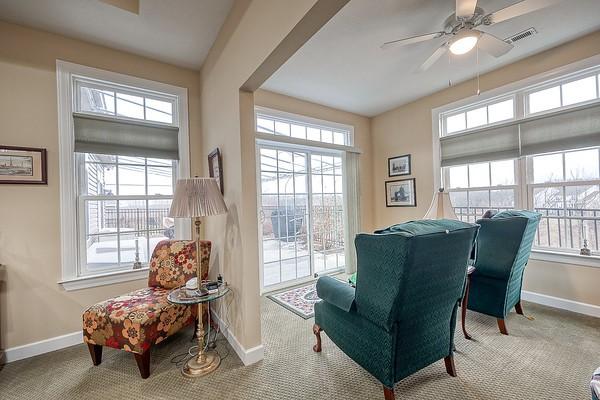 living area featuring plenty of natural light, carpet floors, and ceiling fan