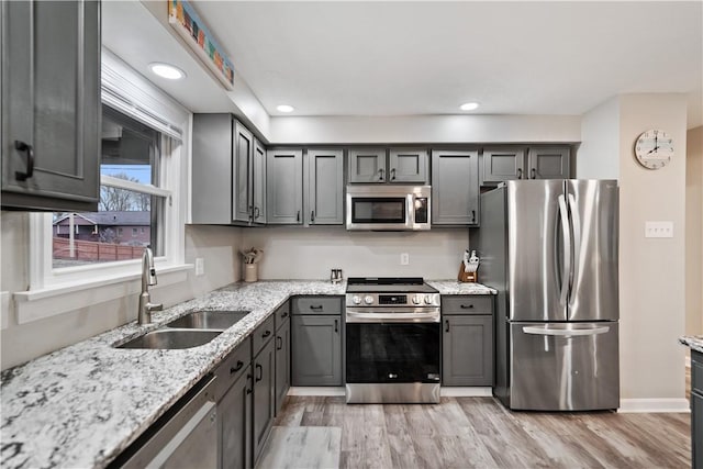 kitchen featuring stainless steel appliances, light stone countertops, sink, and gray cabinets