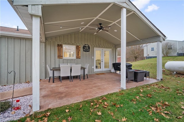 view of patio / terrace featuring french doors and ceiling fan