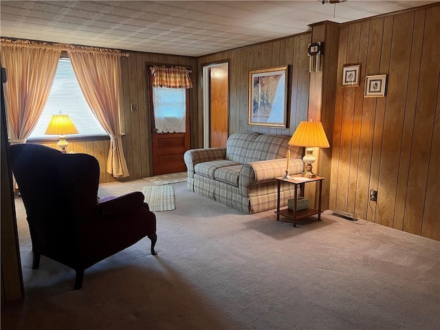 living area with carpet floors and wood walls