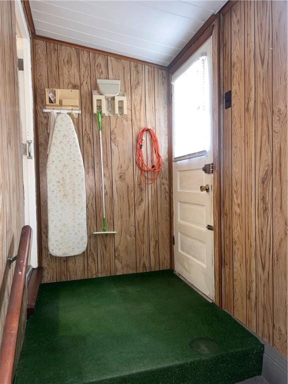 interior space featuring carpet floors and wooden walls