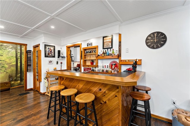 bar with coffered ceiling, crown molding, and dark hardwood / wood-style floors