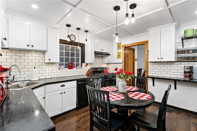 kitchen with sink, decorative light fixtures, black appliances, and white cabinets