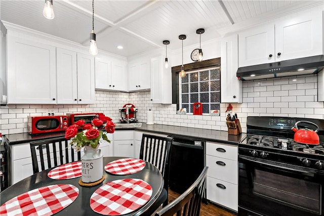 kitchen featuring coffered ceiling, tasteful backsplash, decorative light fixtures, black appliances, and white cabinets