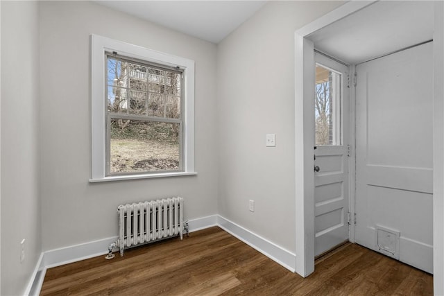 entrance foyer with radiator heating unit and hardwood / wood-style floors