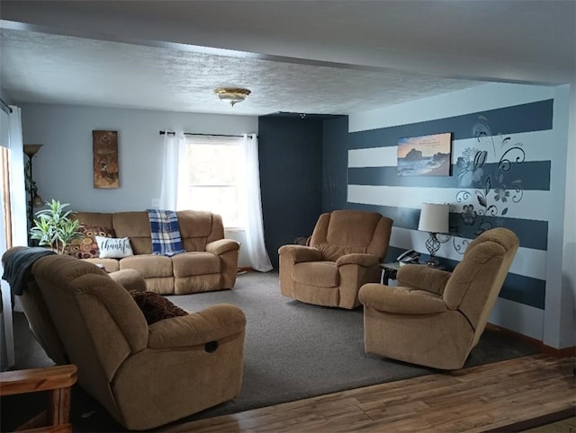 living room featuring wood-type flooring and a textured ceiling