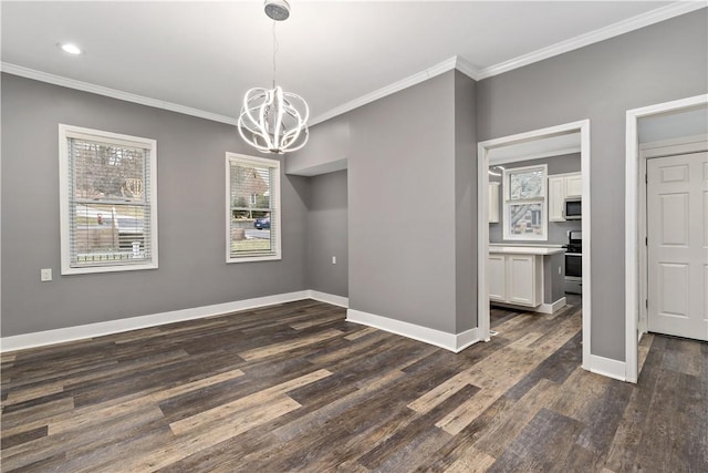 unfurnished room with ornamental molding, a notable chandelier, and dark hardwood / wood-style flooring