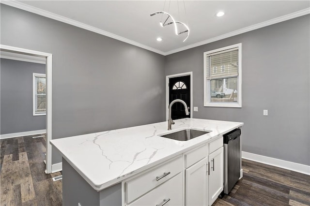 kitchen with sink, stainless steel dishwasher, an island with sink, pendant lighting, and white cabinets