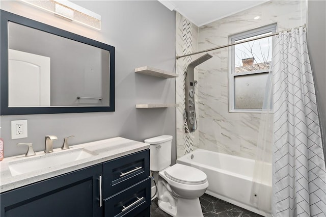 full bathroom with vanity, toilet, and shower / bath combo with shower curtain