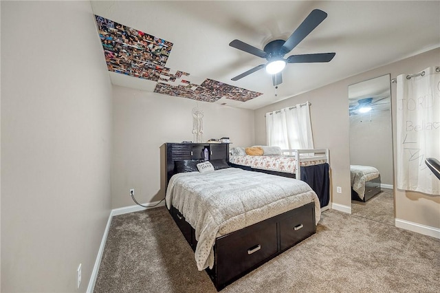 bedroom with ceiling fan and light colored carpet