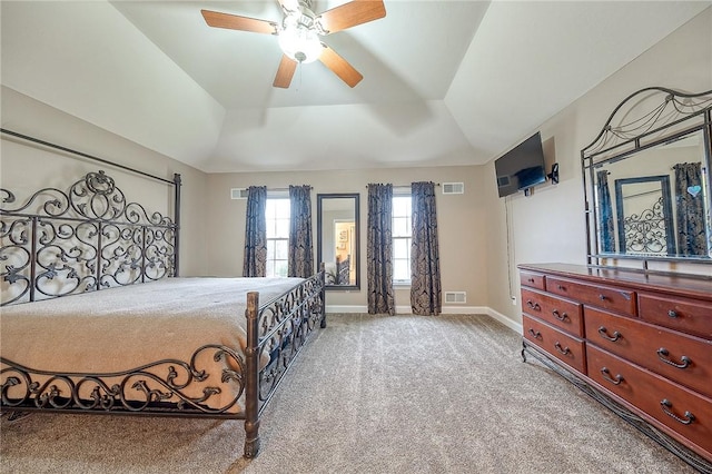 bedroom with light carpet and ceiling fan