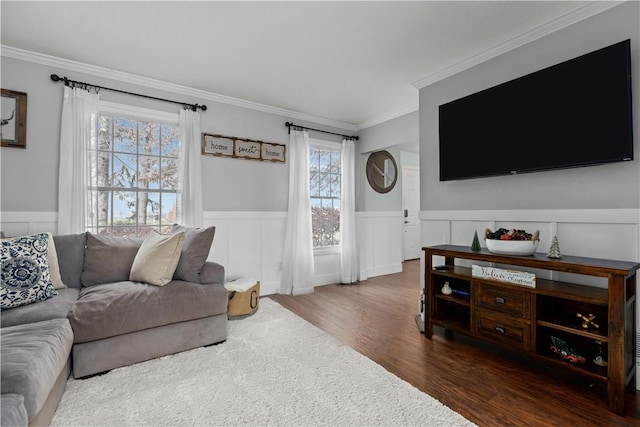 living room with ornamental molding and dark hardwood / wood-style flooring