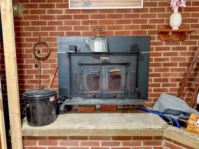 interior details featuring a wood stove