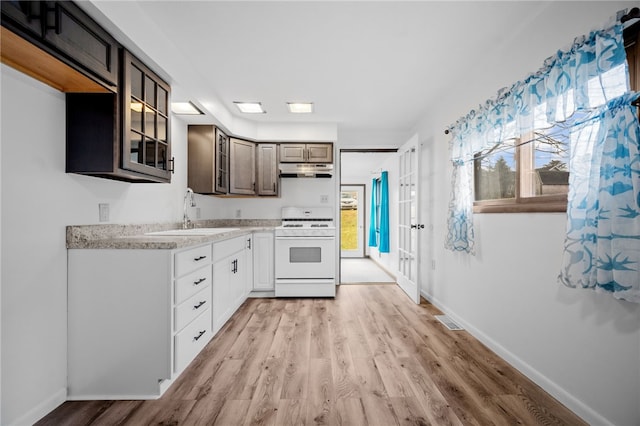 kitchen with sink, light hardwood / wood-style flooring, white range with gas stovetop, dark brown cabinetry, and white cabinets