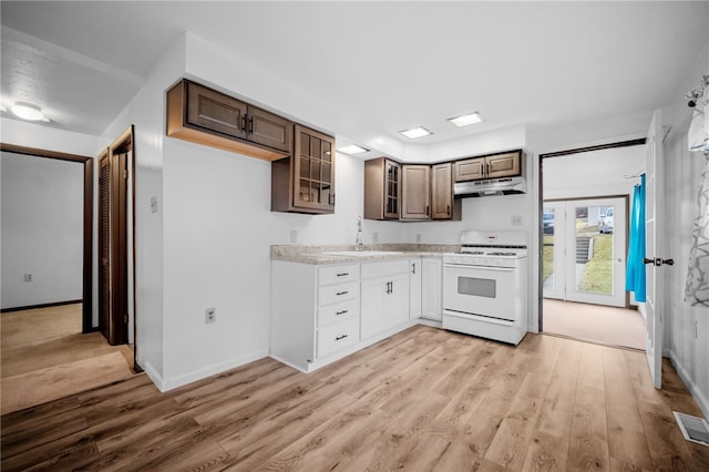 kitchen featuring dark brown cabinets, sink, light hardwood / wood-style floors, and white gas range oven