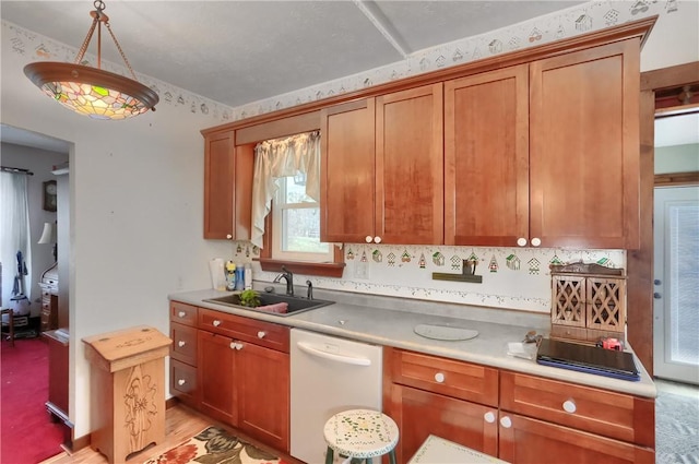 kitchen with dishwasher, sink, and hanging light fixtures