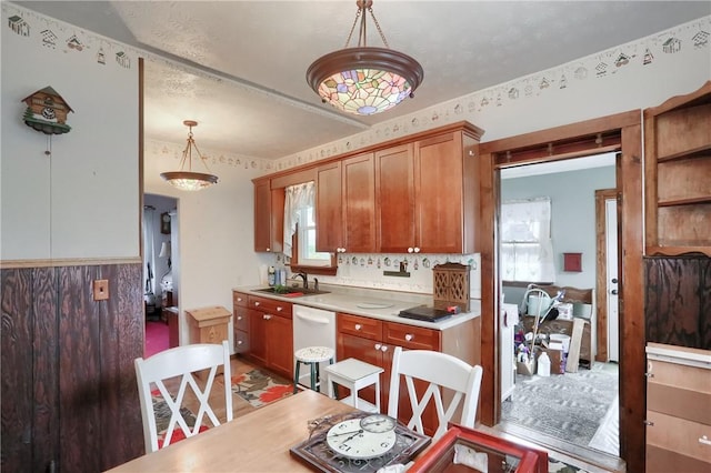 kitchen with dishwasher, sink, and hanging light fixtures