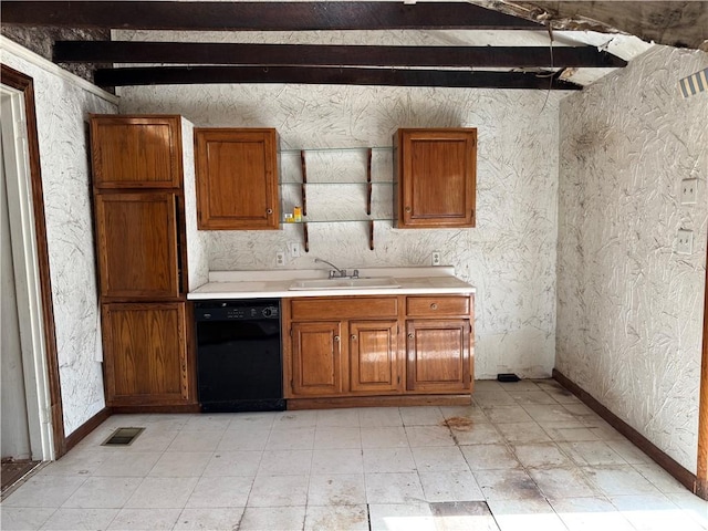 kitchen featuring sink, beamed ceiling, and dishwasher