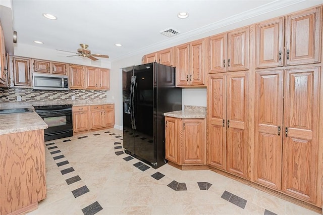 kitchen featuring sink, crown molding, tasteful backsplash, ceiling fan, and black appliances