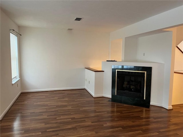 unfurnished living room with dark hardwood / wood-style flooring