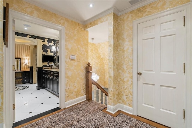 430 Woodland Rd, Edgeworth, PA 15143 - corridor with crown molding, wallpapered walls, baseboards, and an upstairs landing
