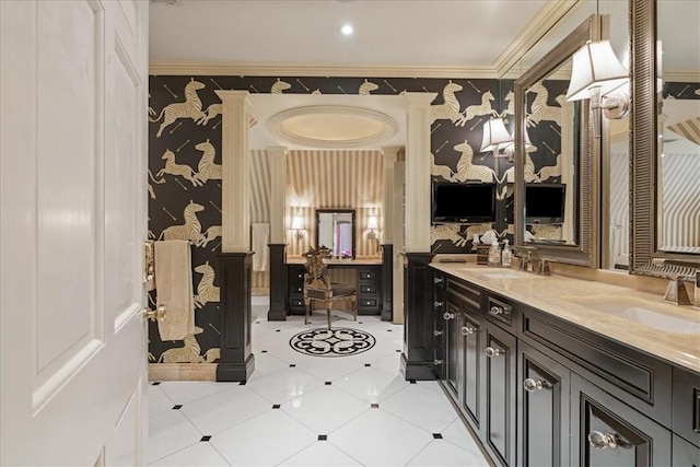 430 Woodland Rd, Edgeworth, PA 15143 - bathroom with wallpapered walls, ornamental molding, and double vanity