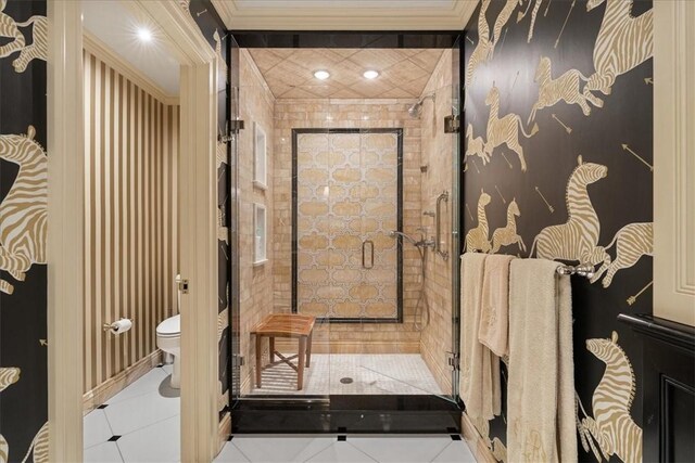430 Woodland Rd, Edgeworth, PA 15143 - full bath with a stall shower, toilet, crown molding, and tile patterned floors