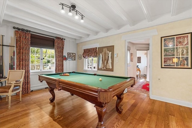 rec room with ornamental molding, wood-type flooring, billiards, and beamed ceiling