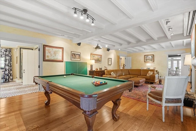 playroom with beam ceiling, light hardwood / wood-style flooring, and pool table