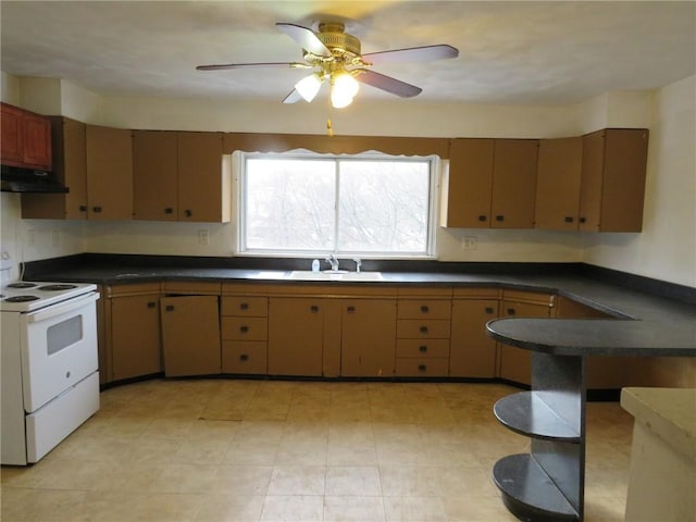 kitchen featuring dark countertops, white electric range, a sink, and under cabinet range hood