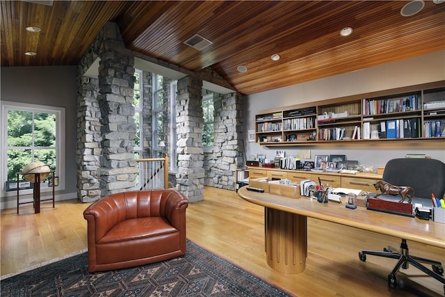 office featuring lofted ceiling, wooden ceiling, and wood finished floors