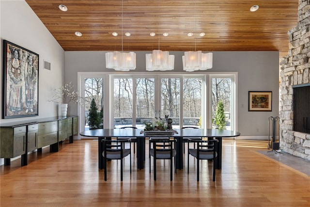 dining space with lofted ceiling, wooden ceiling, visible vents, and wood finished floors