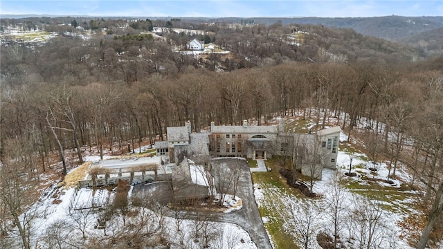 snowy aerial view featuring a wooded view